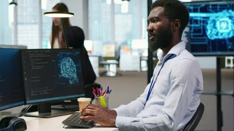 Software developer writing code on PC, developing deep learning APIs Stock Footage 313165398