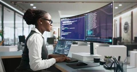Software Developer Writing Secure Code On Laptop In Cloud Workspace Environme Stock Photos