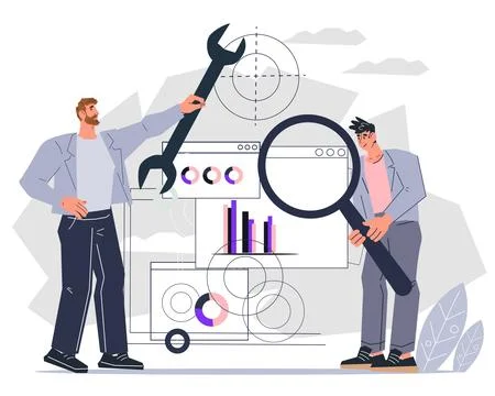 Software developers and testers work together to fix bugs, vector. Stock Illustration