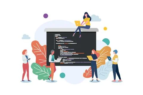 Software developers coding together. programmer working writing code Stock Illustration