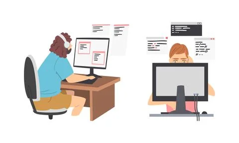 Software developers creating computer programs cartoon vector illustration Stock Illustration