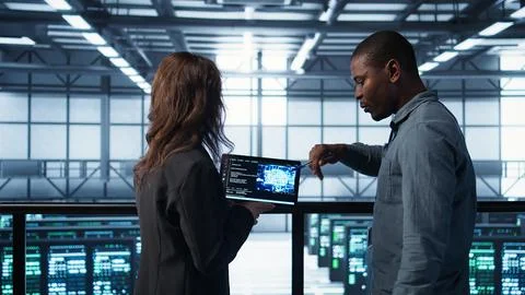 Software developers in data center use AI technology on tablet 写真素材