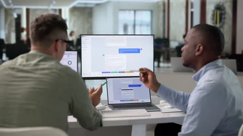 Software Developers Discuss Chatbot Features While Coding Stock Footage 345311687