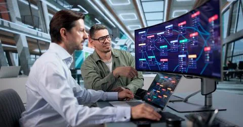 Software Developers Discuss Low Code Platform Workflow Using Laptop Screens. Фото