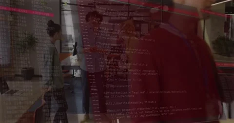 Software developers discussing project around desk, sparking code overlay Stock Footage 320128036