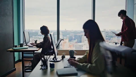 Software developers silhouettes working at computers in collaborative cabinet Stock Footage 319763376