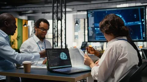 Software developers in startup office brainstorming leveraging AI tech 스톡 사진
