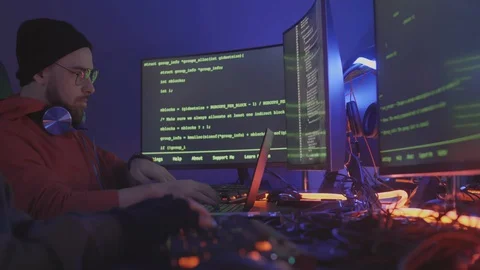 Software Developers Working at Night Stock Footage 129813599
