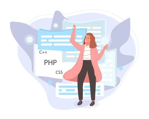 Software developers working of script coding. Engineer character programming in Stock Illustration