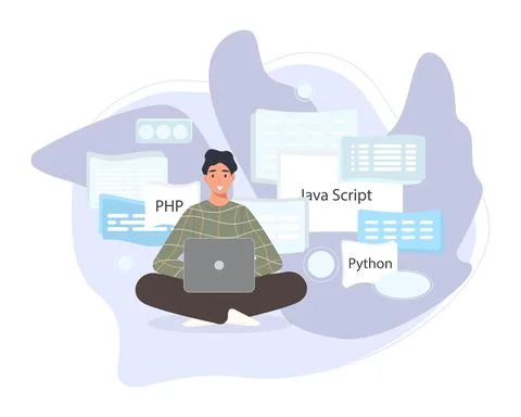 Software developers working of script coding. Engineer character programming in Stock Illustration