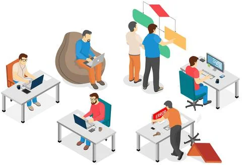 Software developing company team work together coding. Programmers writing code Stock Illustration