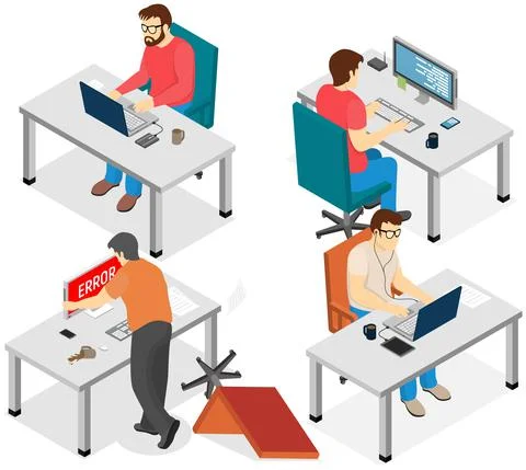 Software developing company team work together coding. Programmers writing code Stock Illustration