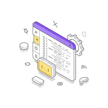 Software Development And Application Coding Process In An IDE Isometric Vec.. 库存插图