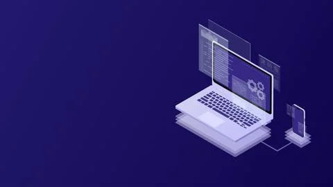 Software Development and Code testing UI For Mobile and Computer on Isometric Illustrazione stock