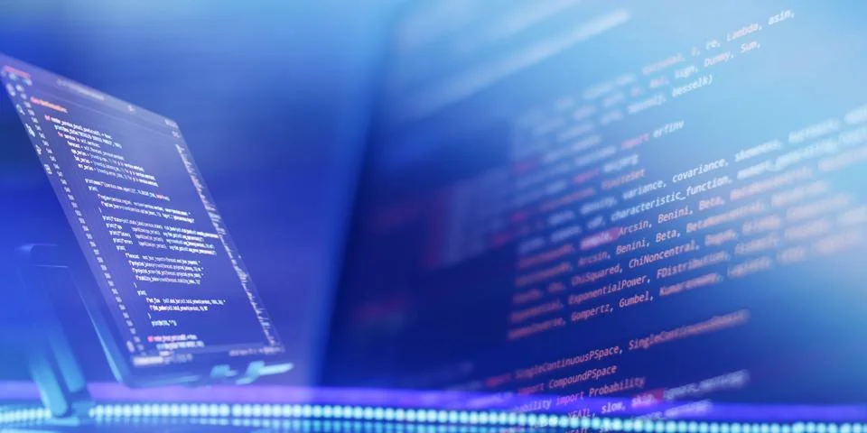 Software development and coding concept. Glowing blue computer monitor displa Foto stock