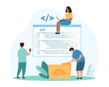 Software development and coding, online project of website code writing by tiny Stock Illustration
