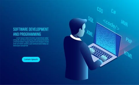 Software development and coding. programming of concept. data processing. Com Stock Illustration
