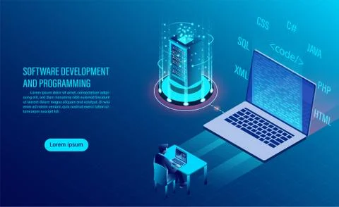 Software development and coding. programming of concept. data processing. Com Stock Illustration