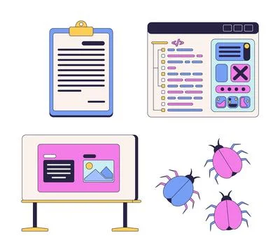 Software development and debugging 2D cartoon clip art set Stock Illustration