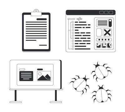 Software development and debugging black and white cartoon clipart set Stock Illustration