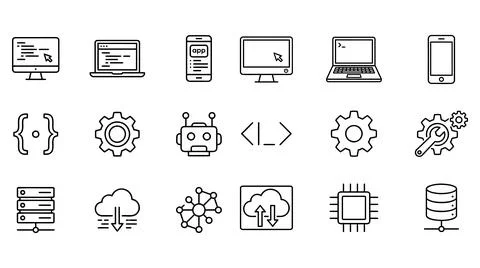 Software development and information technology outline icon set collection Stock Illustration