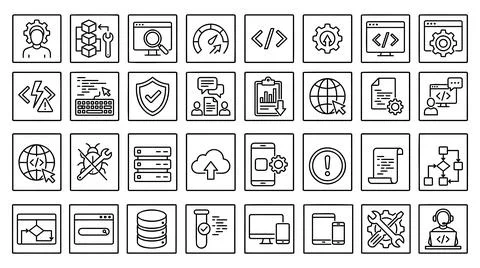 Software development and information technology vector line icon set Stock Illustration