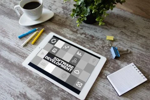 Software development and process automation concept on tablet computer screen. Foto stock