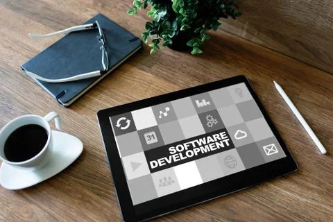 Software development and process automation concept on tablet computer screen. Foto stock