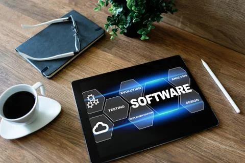 Software development and process automation concept on tablet computer screen. Stock Photos