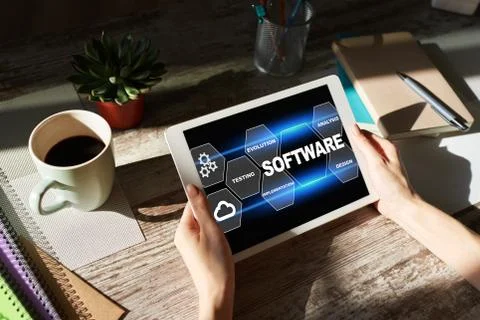 Software development and process automation concept on tablet computer screen. Foto stock