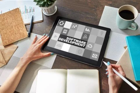 Software development and process automation concept on tablet computer screen. Foto stock
