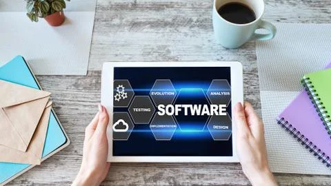 Software development and process automation concept on tablet computer screen. Foto stock