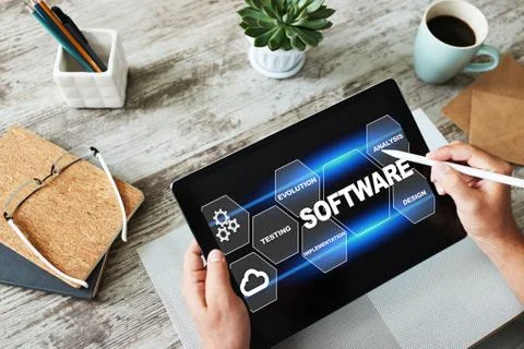 Software development and process automation concept on tablet computer screen. Foto stock
