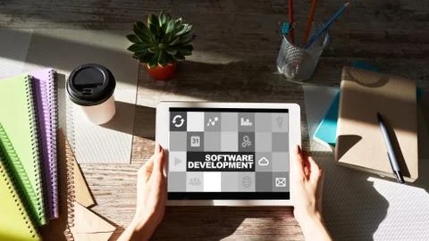 Software development and process automation concept on tablet computer screen. Foto stock