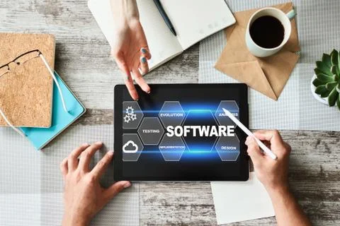 Software development and process automation concept on tablet computer screen. Foto stock