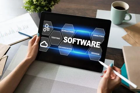 Software development and process automation concept on tablet computer screen. Foto stock