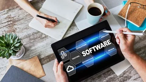 Software development and process automation concept on tablet computer screen. Stock Photos