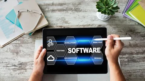 Software development and process automation concept on tablet computer screen. Stock Photos