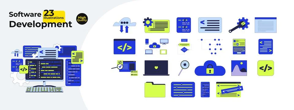 Software development and programming cartoon flat illustrations mega bundle Stock Illustration