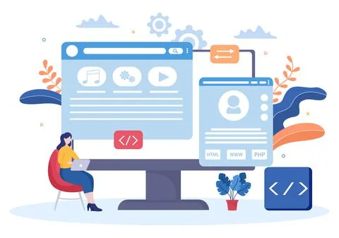 Software Development and Programming Code on Computer Vector Illustration for Stock Illustration