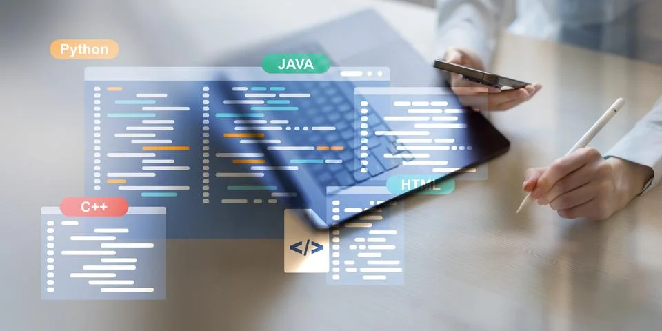 Software Development and Programming Languages Displayed on a Virtual Coding  Foto stock