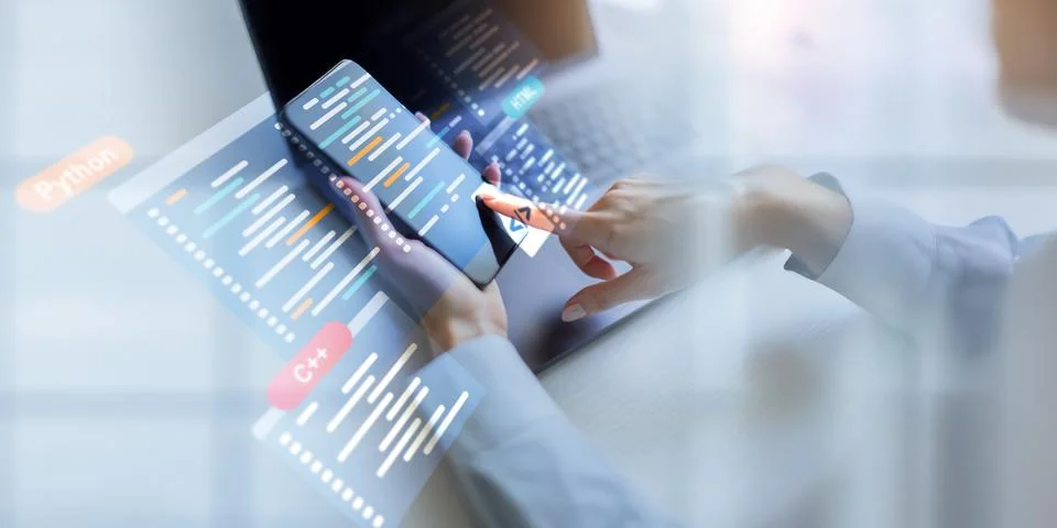 Software Development and Programming Languages Displayed on a Virtual Coding  Stockfoto's