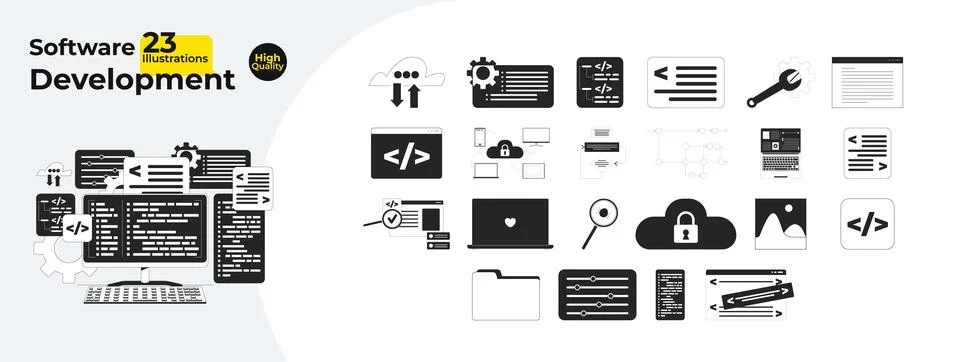 Software development and programming outline illustrations mega bundle Illustrazione stock