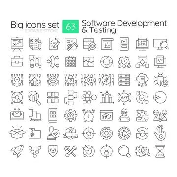 Software development and testing line icons set Stock Illustration