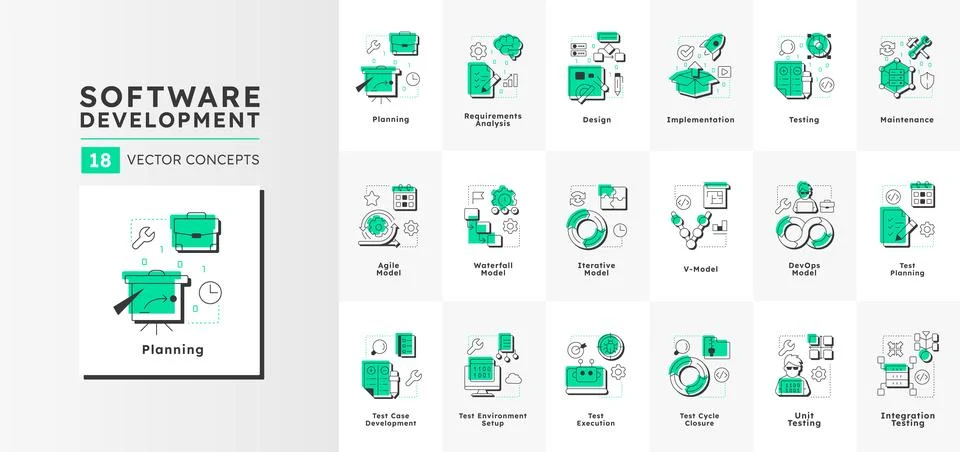 Software development and testing modern linear concept icons bundle Stock Illustration