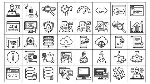 Software development and web programming line icon grid collection Stock Illustration