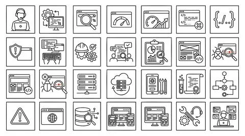 Software development and web programming line icon collection grid set Stock Illustration