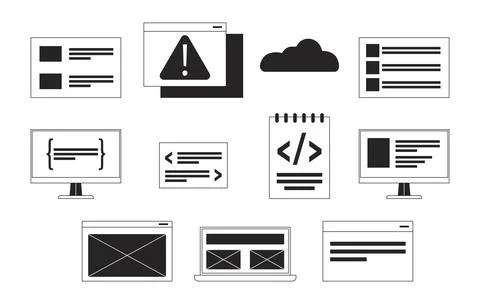 Software development black and white 2D line cartoon objects set Stock Illustration