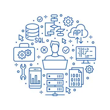 Software development circle poster with flat line icons. Programming language Stock Illustration