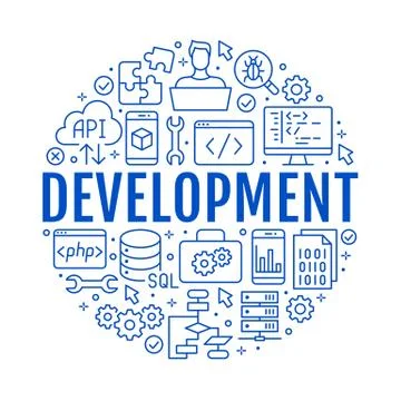 Software development circle poster with flat line icons. Programming language Stock Illustration